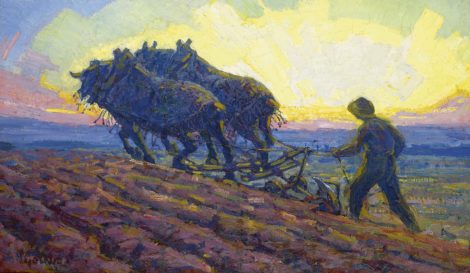 Gouwe A.H. - Ploegende paarden bij zonsopkomst, olieverf op doek 48,8 x 82 cm, gesigneerd l.o. en te dateren ca. 1916-1918