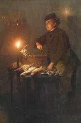 Schendel P. van - Wildverkoper op de Groenmarkt in Den Haag, bij avond (pendant van ‘Bij de wildstal’), olieverf op paneel 45 x 30,3 cm, gesigneerd r.o. (vaag) en te dateren ca. 1868
