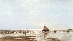 Hoffmann G.J. - Langs de waterlijn bij vallende avond, olieverf op paneel 50,3 x 89 cm, gesigneerd l.o. en gedateerd 1873