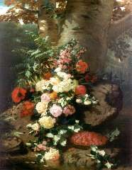 Robie J.B. - Bloemstilleven met rozen, bloeiende takken en frambozen, olie op doek 137,7 x 106 cm, gesigneerd l.o. en gedateerd Bruxelles 1864