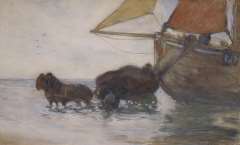 Sluiter J.W. - Nettenkar bij bomschuit ‘Katwijk 7’, aquarel op papier 28,8 x 46,7 cm, gesigneerd r.o. en gedateerd '98