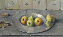 Dam van Isselt L. van - Tinnen schaal met appels, olieverf op schildersboard 38,4 x 62,9 cm, gesigneerd r.o. en te dateren ca. 1940-1941