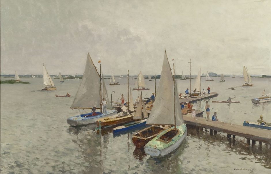 Cornelis Vreedenburgh - Jachthaven aan de Loosdrechtse Plassen, olieverf op doek 59,8 x 89,9 cm , gesigneerd r.o. en gedateerd 1937