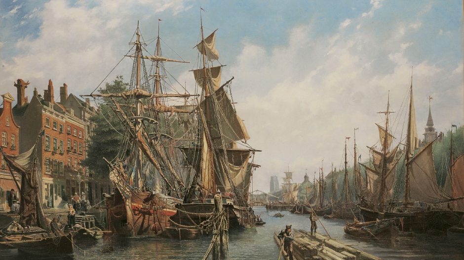 Petrus van der Velden - Leuvehaven, Rotterdam, olieverf op doek 79,3 x 130,5 cm , gesigneerd r.o. en gedateerd 1867
