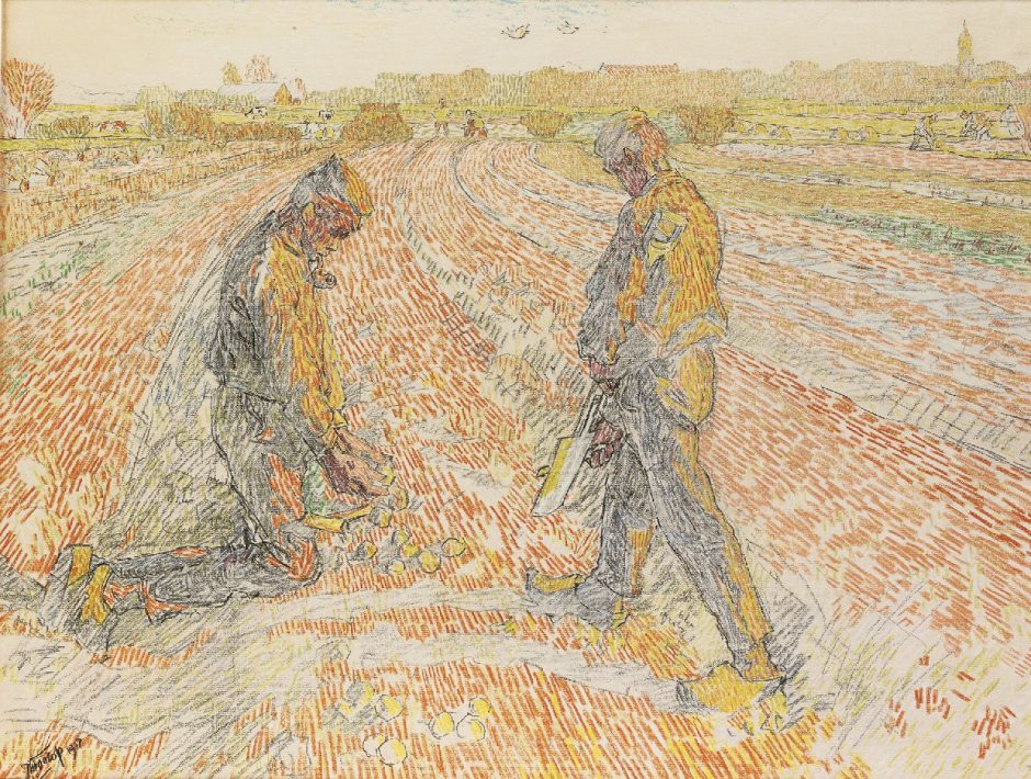 Jan Toorop - Aardappels rapen, potlood en gekleurd krijt op papier 47,9 x 62,2 cm , gesigneerd l.o. en gedateerd 1907
