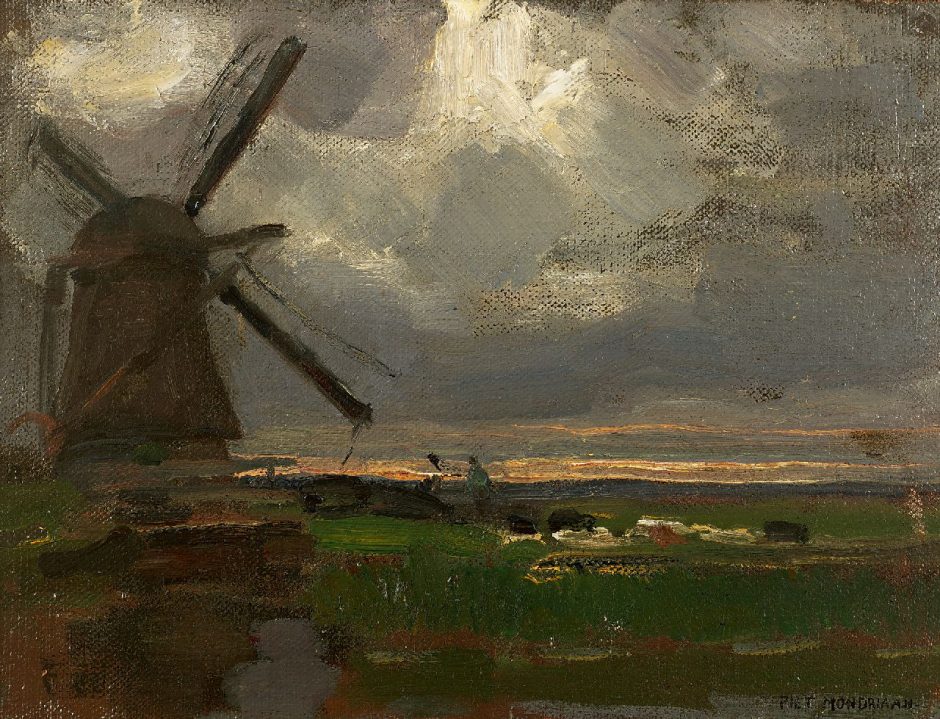 Piet Mondriaan - De Broekzijdse Molen aan het Gein, olieverf op doek op paneel 34,6 x 46,3 cm , gesigneerd r.o. en te dateren ca. 1905