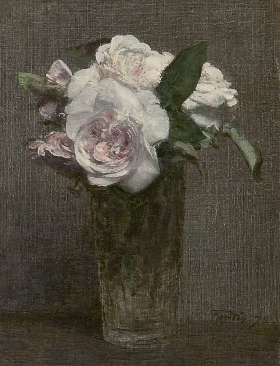 Henri Fantin-Latour - Rozen in recht glas, olie op doek 28,3 x 21,8 cm , gesigneerd r.o. en gedateerd '72