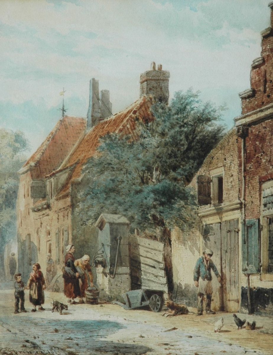 Cornelis Springer - De Grote Poortstraat, hoek Kromhoutsteeg, te Harderwijk, aquarel op papier 27 x 21,6 cm , gesigneerd l.o. en gedateerd 1863