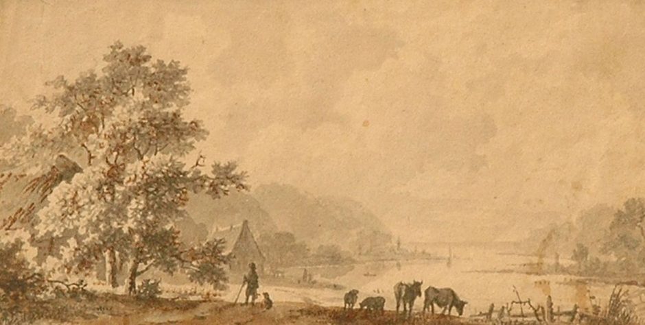Marinus Adrianus Koekkoek I - Riviervallei met herder en grazend vee, gewassen pen op papier 7,4 x 14,2 cm , gesigneerd verso en geschonken aan Museum B.C. Koekkoek-Haus, Kleef