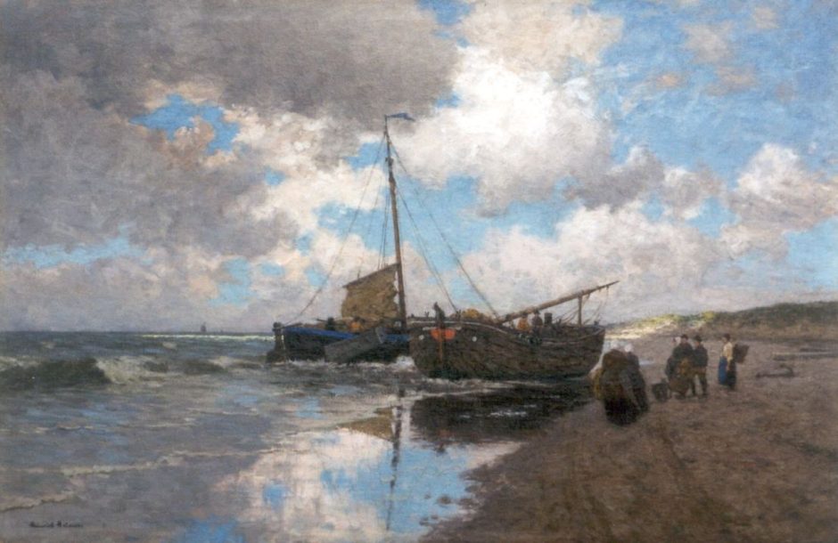 Heinrich Heimes - Na de vangst, Egmond aan zee, olieverf op doek 111,6 x 169,2 cm , gesigneerd l.o.