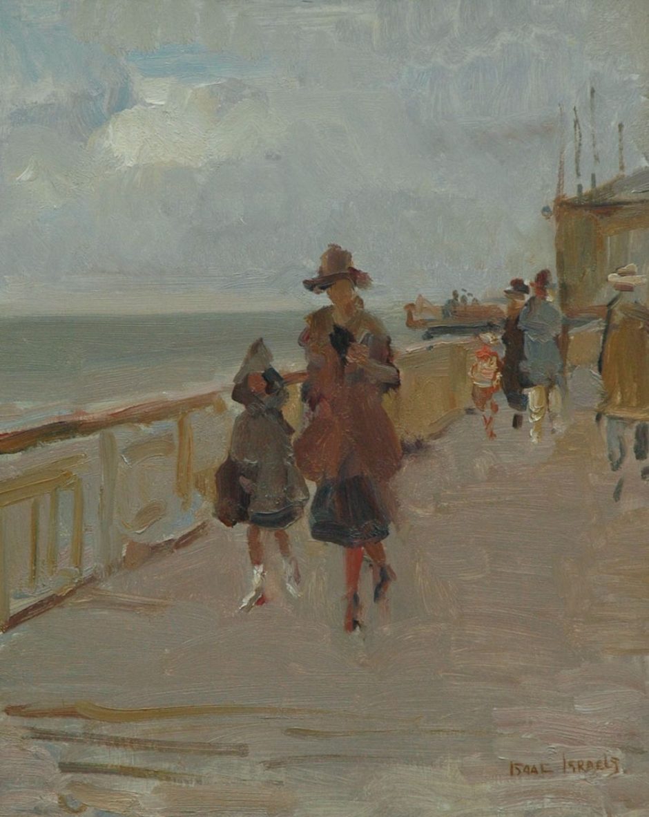 Isaac Israels - ’t Frisse vroege voorjaar op de Scheveningse pier, olieverf op doek 50,3 x 40 cm , gesigneerd r.o.