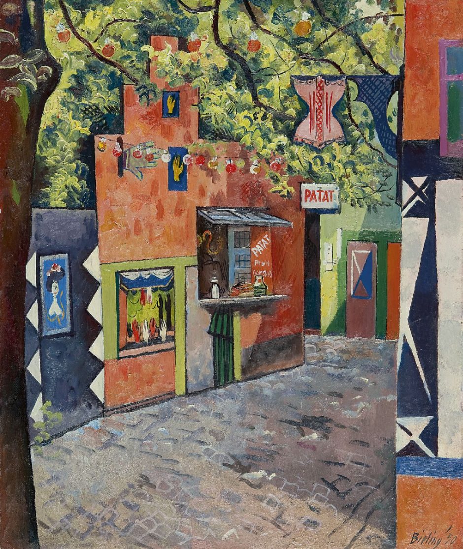 Herman Bieling - Dorpsplein, olieverf op doek 49,1 x 41,5 cm , gesigneerd r.o. en gedateerd '50