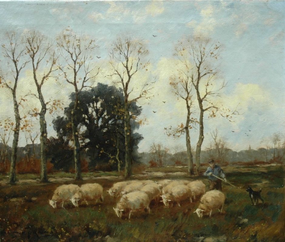 Martinus Nefkens - Herder en hond met kudde schapen, olieverf op doek 50 x 61 cm , gesigneerd l.o.