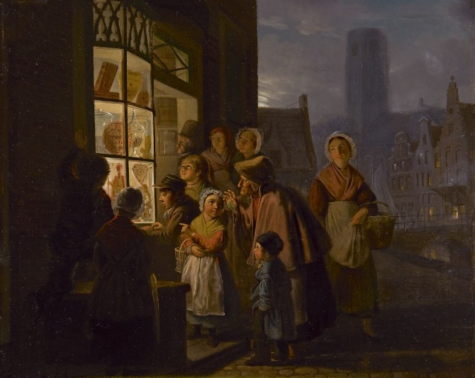 Jan Hendrik van Grootvelt - De uitstalling van suikerwerk voor het Sint Nicolaasfeest, olieverf op paneel 40,1 x 48 cm , gesigneerd m.o. en gedateerd 1841