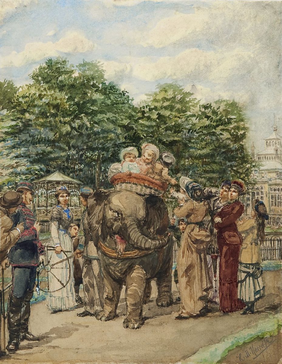 Hendrikus Matheus Horrix - De dierentuin in Den Haag: een ritje op de olifant, aquarel op papier 28,5 x 22,3 cm , gesigneerd r.o.