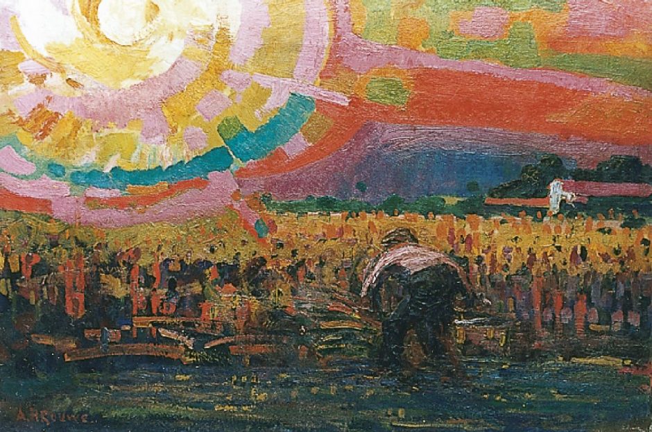 Herman Gouwe - De maaier, olie op doek 52,4 x 77,2 cm , gesigneerd l.o.