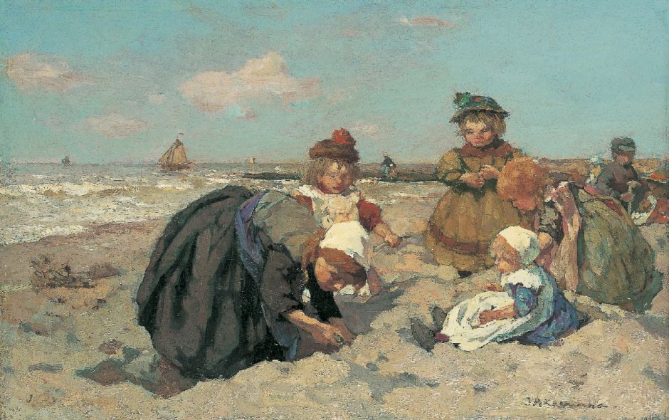 Johannes Evert Akkeringa - Spelende kinderen op het strand, olieverf op paneel 27 x 42,3 cm , gesigneerd r.o.