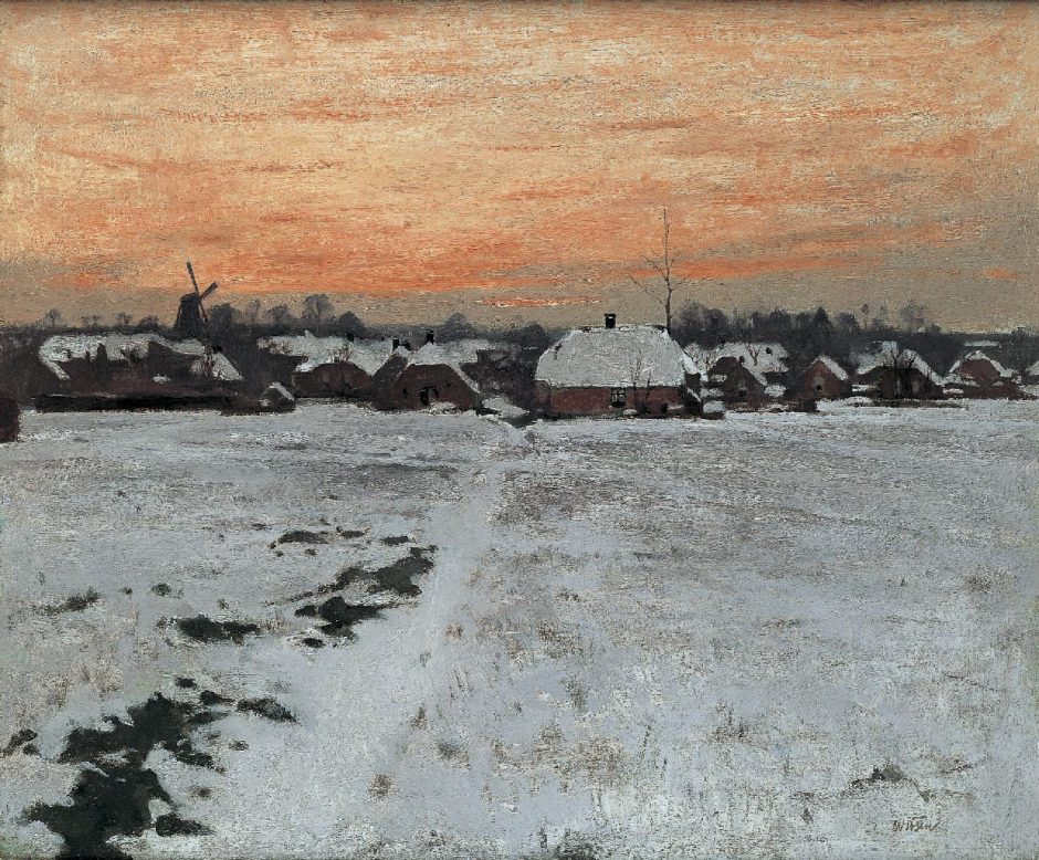 Willem Witsen - Winteravond in Ede, olieverf op doek 45 x 54 cm , gesigneerd r.o. en te dateren ca. 1895