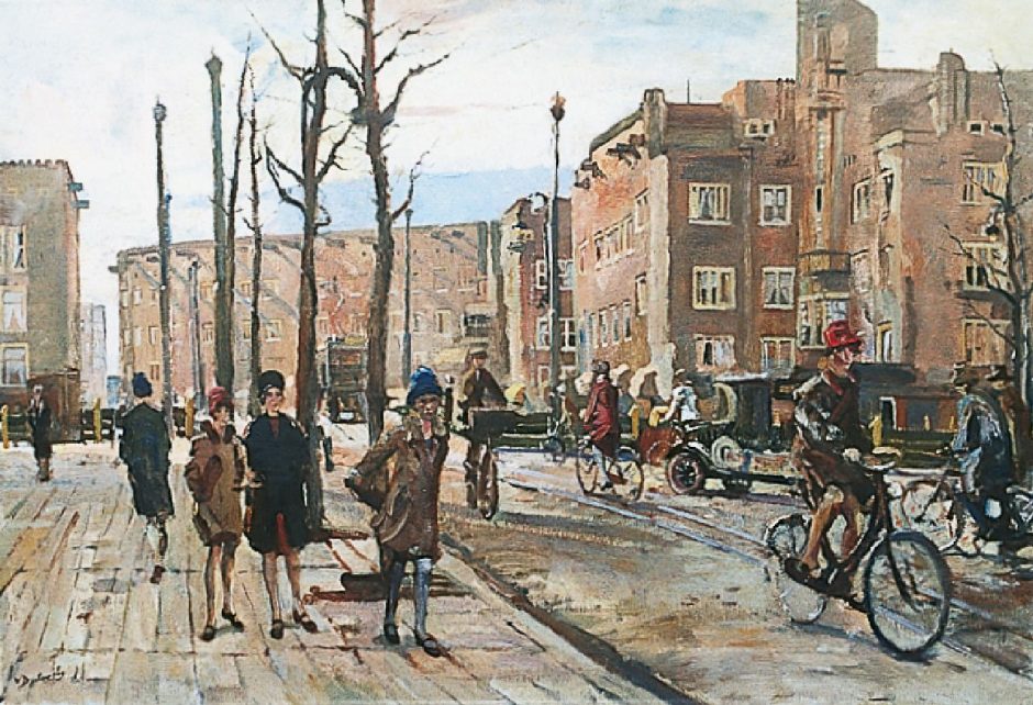 Erasmus Bernhard von Dülmen Krumpelmann - Fietsers en auto’s op de Postjesweg in Amsterdam-West, olieverf op doek 65,4 x 95 cm , gesigneerd l.o.