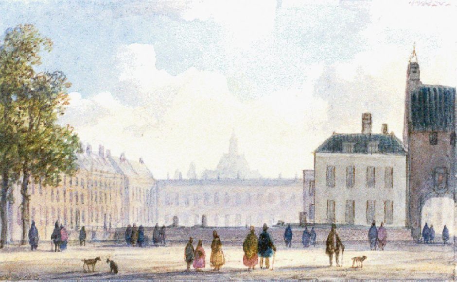 Lodewijk Johannes Kleijn - Gezicht op het Buitenhof met de Gevangenpoort, Den Haag, aquarel op papier 6,5 x 10,5 cm 