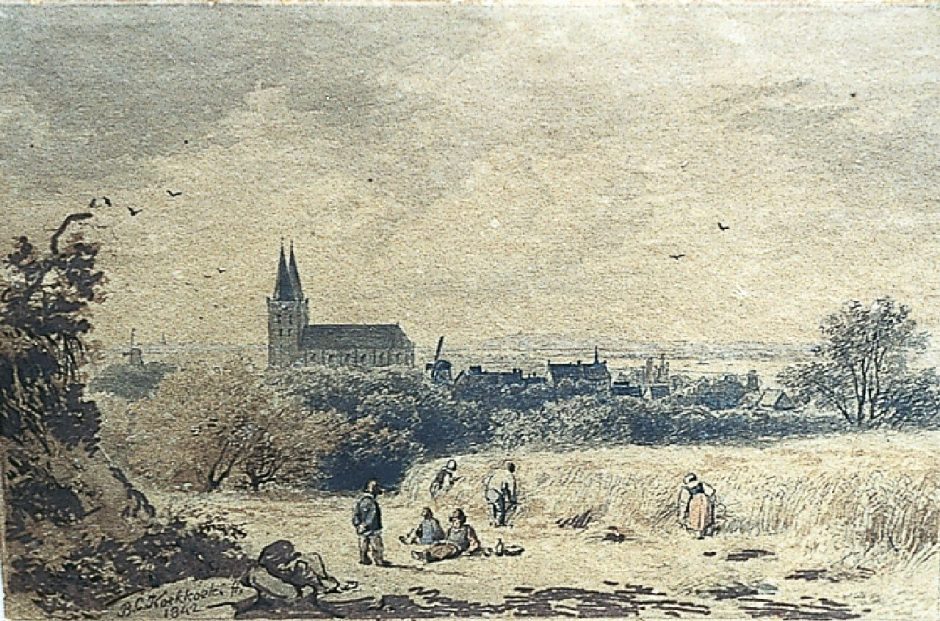 Barend Cornelis Koekkoek - Gezicht op Xanten (bij Kleef) vanaf een heuvel, inkt, pen en aquarel op papier 8 x 12,2 cm , gesigneerd l.o. en gedateerd 1842. Geschonken aan Stiftung B.C. Koekkoek-Haus