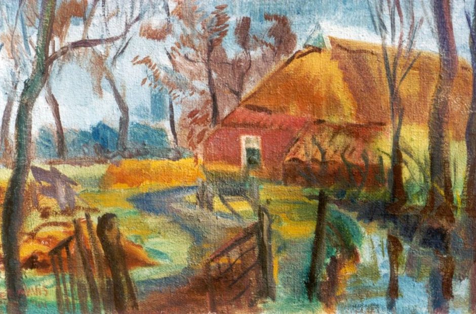 Hein Leemhuis - Groninger boerderij, wasverf op doek 40,1 x 60,5 cm , gesigneerd l.o. en gedateerd '44