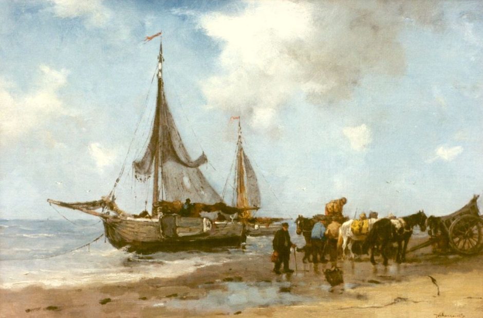 Johan Frederik Cornelis Scherrewitz - Het uitladen van de vangst, olieverf op doek 41 x 70 cm cm , gesigneerd r.o.