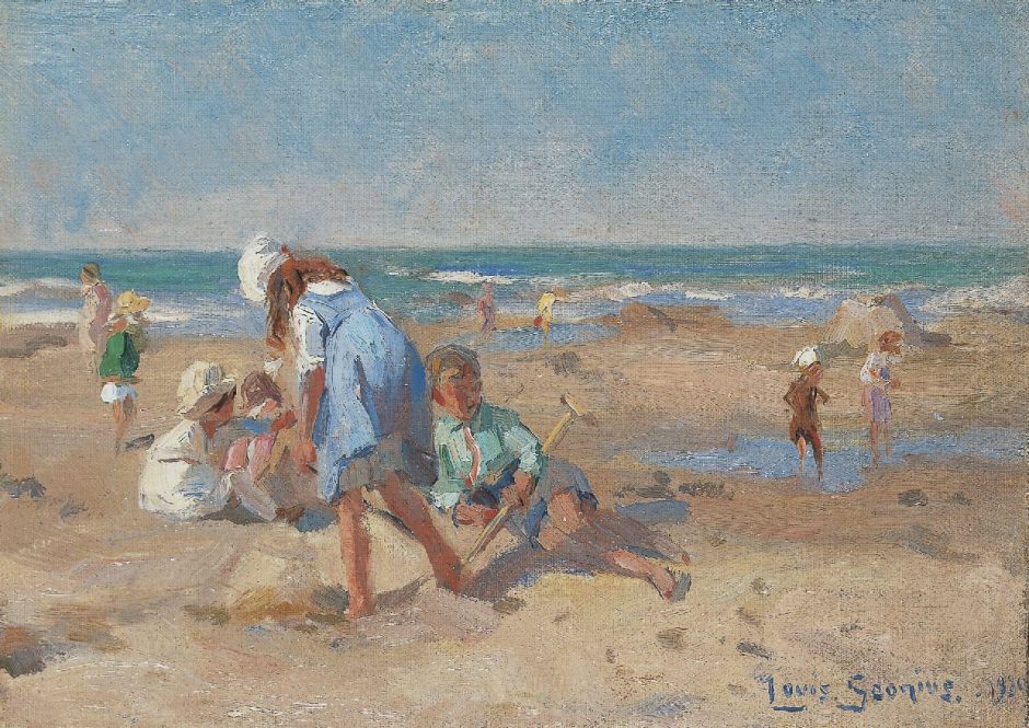 Louis Soonius - Strandvermaak, olieverf op doek op paneel 18,4 x 24,1 cm , gesigneerd r.o. en gedateerd 1920