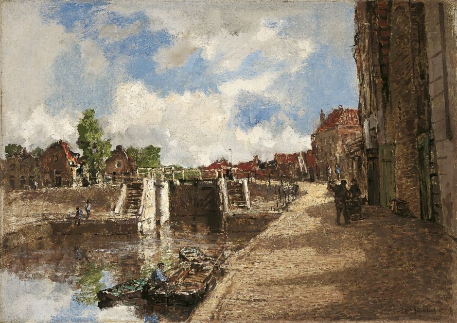 Johan Hendrik van Mastenbroek - Sluisje in Monnickendam, olieverf op doek 50,2 x 70,4 cm , gesigneerd r.o. en gedateerd 1937