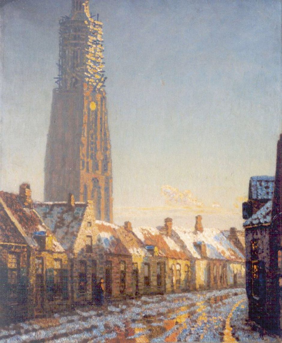 Reinier Sybrand Bakels - Winters stadsgezicht in Amersfoort, met de ‘Lange Jan’, olieverf op doek 83,9 x 68,2 cm , gesigneerd r.o.