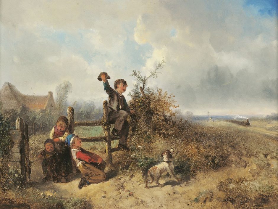 Mari ten Kate - De stoomtrein komt voorbij, olieverf op paneel 30,5 x 41,2 cm , gesigneerd r.o. en gedateerd '64