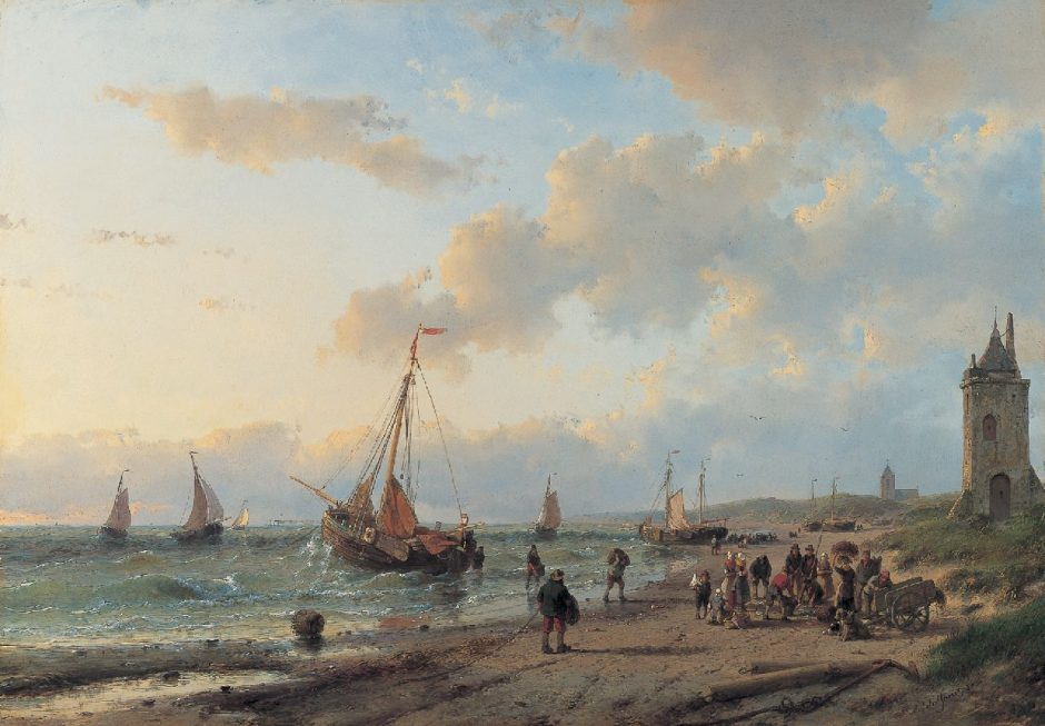 Andreas Schelfhout - Visafslag op het strand, olieverf op paneel 44,3 x 63,5 cm , gesigneerd r.o. en gedateerd '58
