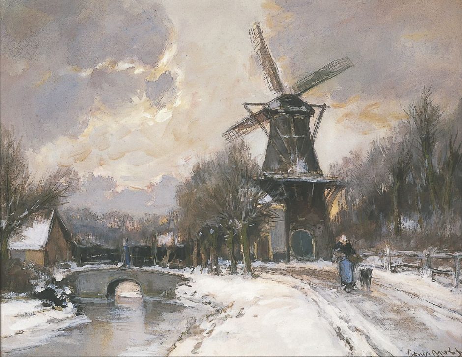 Louis Apol - De Korenmolen op de Parkweg, Voorburg, aquarel en gouache op papier 43 x 54,2 cm , gesigneerd r.o.