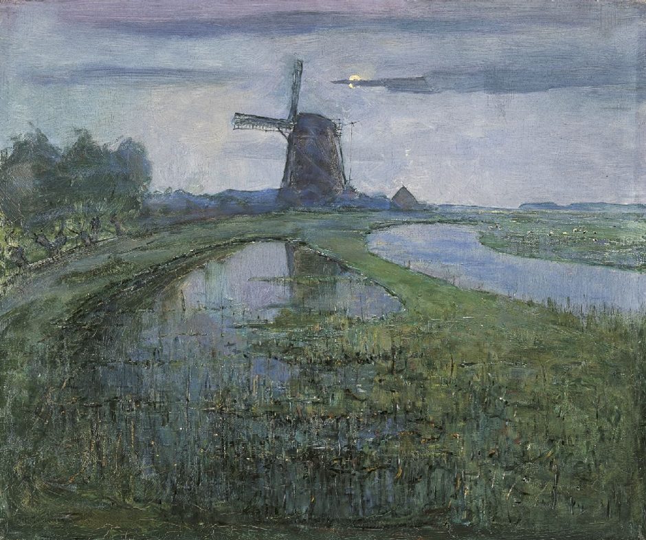 Piet Mondriaan - De Oostzijdse Molen aan het Gein bij maanlicht, olieverf op doek 63 x 75,4 cm , gesigneerd l.o. en te dateren 1902-1903