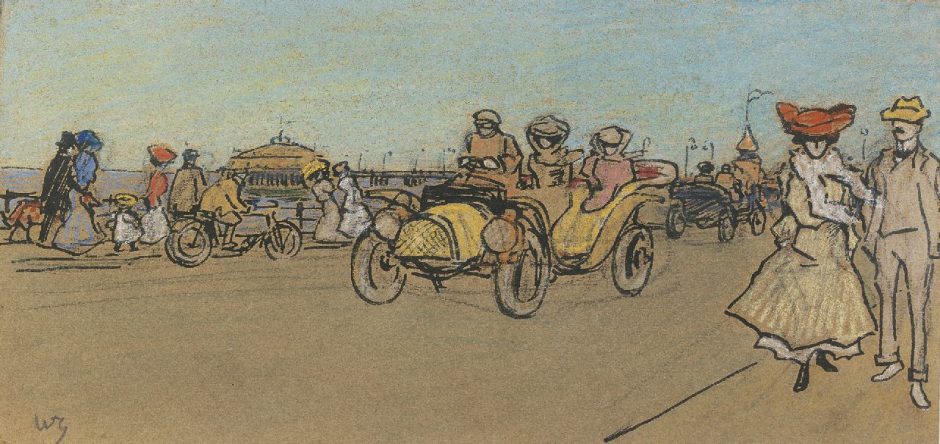 Willy Sluiter - Flaneren op de Scheveningse boulevard, pen, inkt en krijt op papier 12 x 24,5 cm , gesigneerd l.o. met initialen