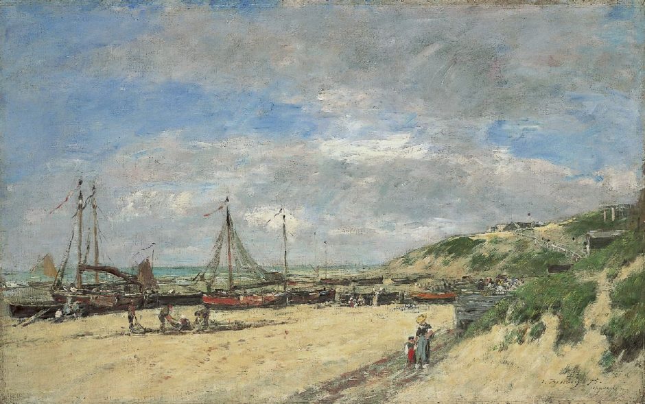 Eugène Boudin - Laag water bij Scheveningen, olieverf op doek 59,7 x 94,5 cm , gesigneerd r.o. en gedateerd 'Scheveningen '75'