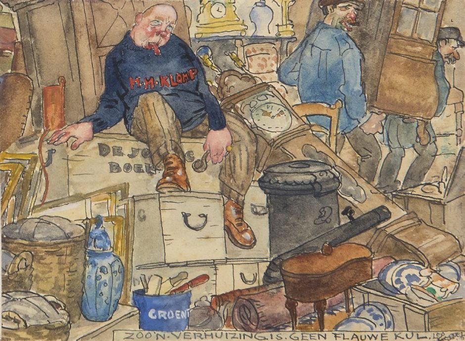 Leo Gestel - Piet Boendermaker verhuist naar Huize De Klomp in Bergen: ‘Zoo’n verhuizing is geen flauwekul’, inkt en aquarel op papier 9 x 11,8 cm , gesigneerd r.o. en te dateren ca. 1918