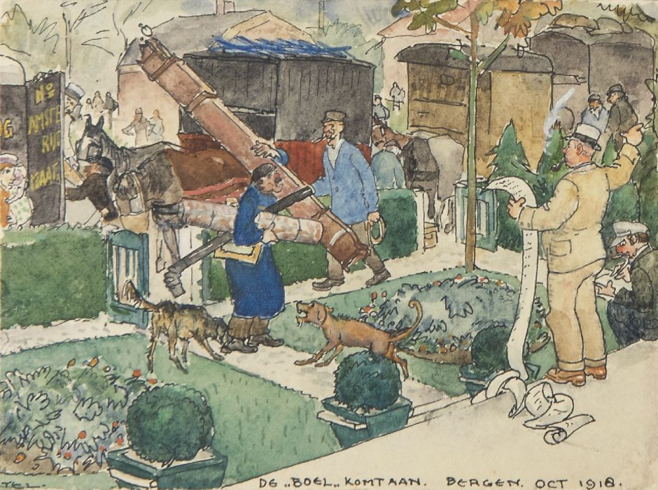 Leo Gestel - Piet Boendermaker verhuist naar Huize De Klomp in Bergen: ‘De “boel” komt aan’, inkt en aquarel op papier 8,8 x 12,1 cm , gesigneerd l.o. en gedateerd 'Bergen' oct. 1918