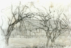 Mondriaan P.C. - Boerderij achter bomen, krijt op papier 11,7 x 16,8 cm, te dateren ca. 1905
