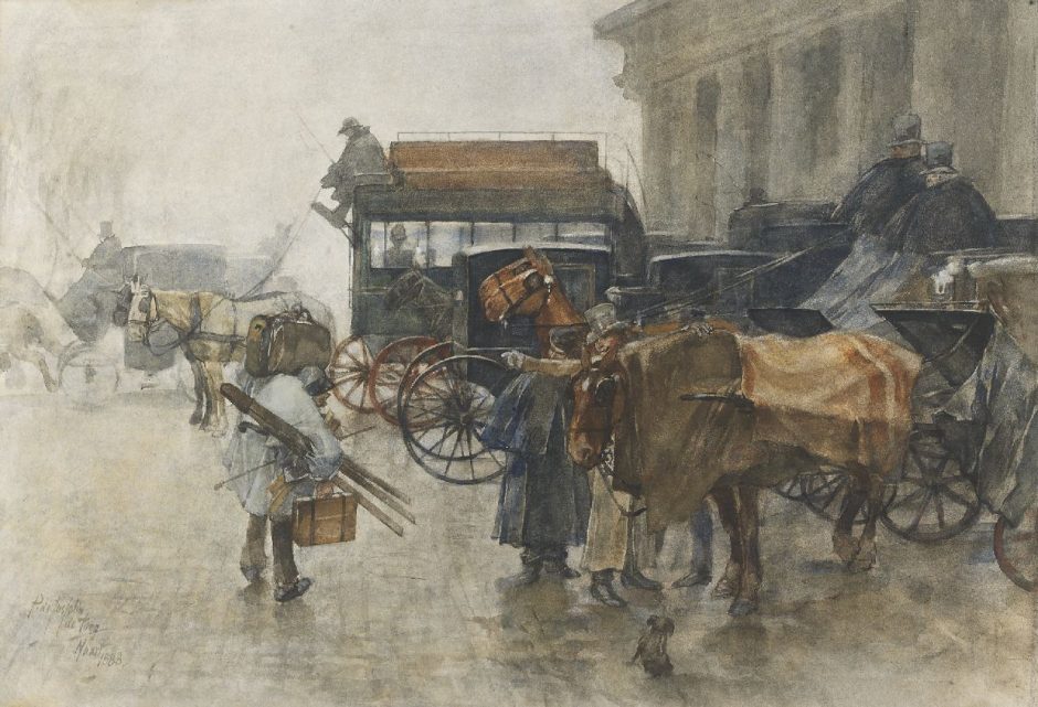 Pieter de Josselin de Jong - Koetsjes bij het station Hollandse Spoor, Den Haag, aquarel op papier 41 x 58 cm cm , gesigneerd l.o. en gedateerd Maart 1888