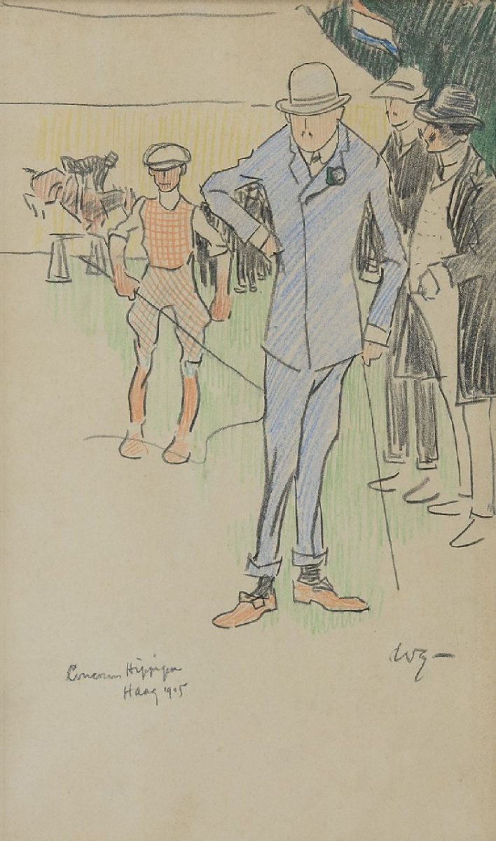 Willy Sluiter - Op het Internationale Concours Hippique Den Haag, 1905, krijt op papier 32,7 x 19 cm , gesigneerd r.o. met initialen en gedateerd 1905