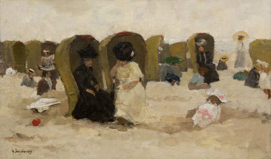 Floris Arntzenius - Badgasten op het Scheveningse strand, olieverf op doek op paneel 31,6 x 51,5 cm , gesigneerd l.o.