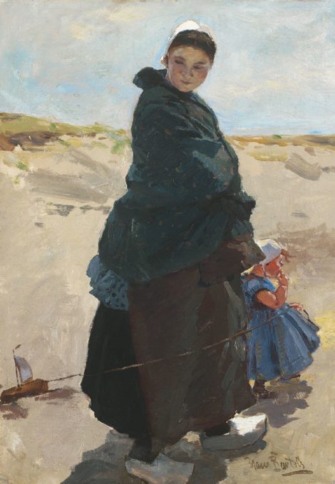 Bartels H. von - Mijmering (vissersvrouw met kind, Katwijk), olieverf op doek 47,6 x 33,3 cm, gesigneerd r.o.