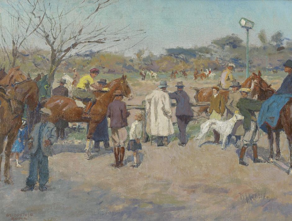 Wolter H.J. Paardenrennen op de Galoppatoio, Villa Borghese, Rome, olieverf op doek 33,7 x 44,6 cm, gesigneerd r.o. en te dateren ca. 1938-1940