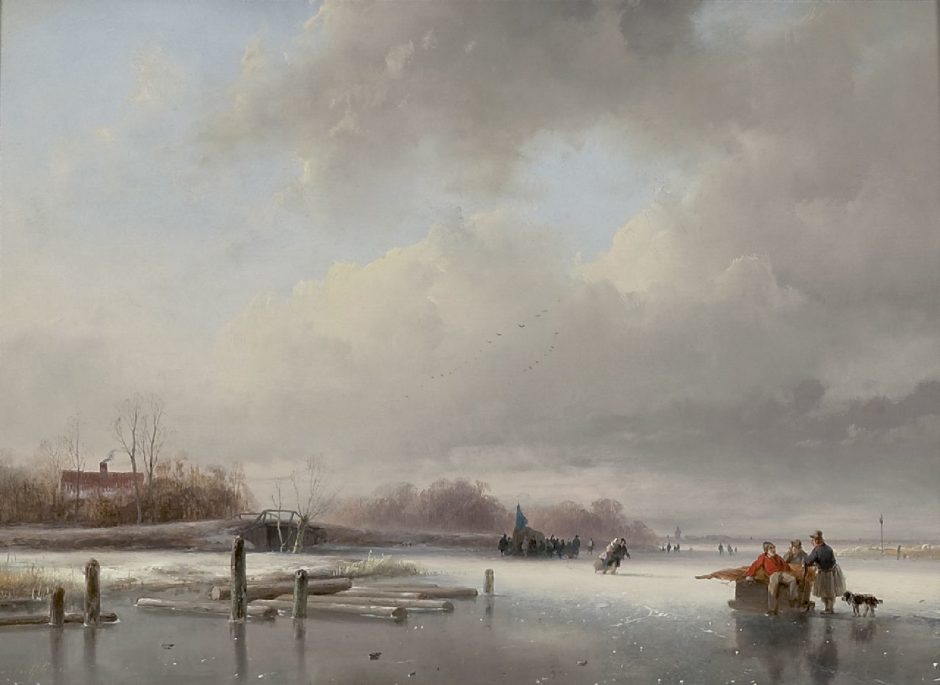 Schelfhout A. Bevroren rivier met schaatsers en een koek-en-zopie, olieverf op paneel 29,5 x 40,0 cm, gesigneerd l.o. en te dateren ca. 1832-1834