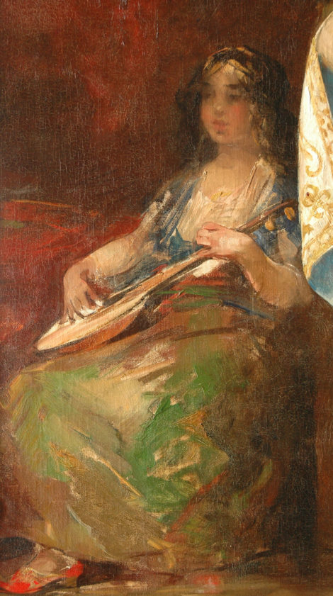 Smith H. - Luitspelende vrouw, olieverf op doek 105,7 x 60,5 cm