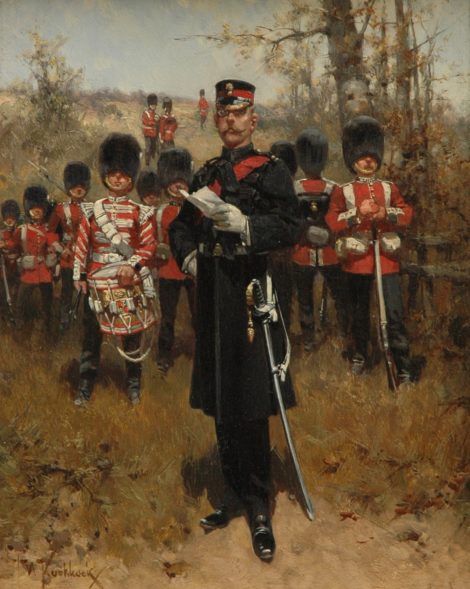 Koekkoek, H.W. - Grenadiers Guards van het Britse leger, olieverf op paneel 27 x 21,2 cm, gesigneerd l.o. en te dateren ca. 1898