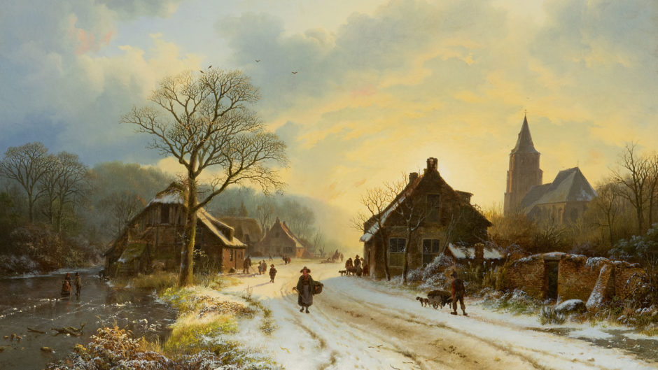 Barend Cornelis Koekkoek - Wintergezicht met wandelaars en figuren op het ijs - olieverf op doek