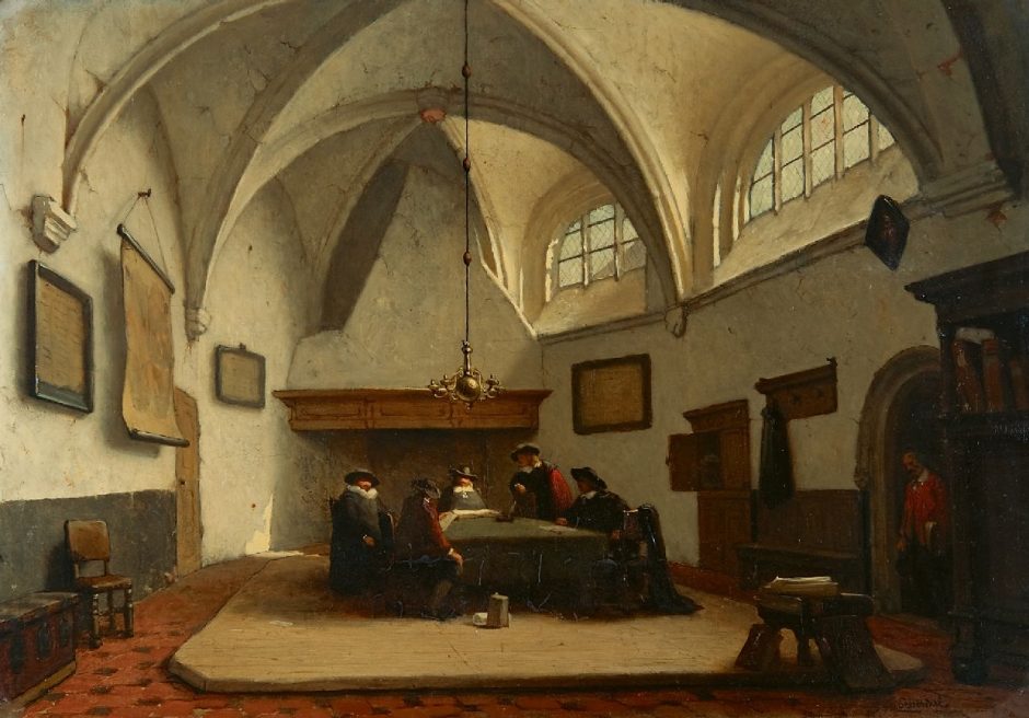 Jan Jakob Schenkel - Schepenen bijeen in de consistoriekamer van de Grote Kerk, Breda, olieverf op paneel 39,4 x 55,8 cm , gesigneerd r.o.