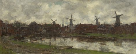 Jacob Maris - De vier windmolens, Schiedam, Olieverf op doek 45,0 x 112,6 cm , gesigneerd linksonder
